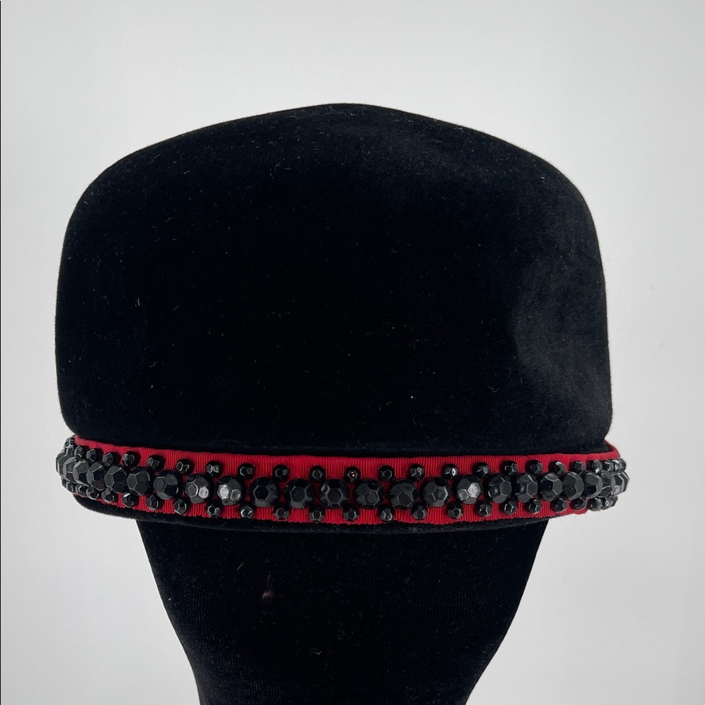 Vintage Francois Black Velvet Pillbox Hat with Red Ribbon and Black Bead Trim